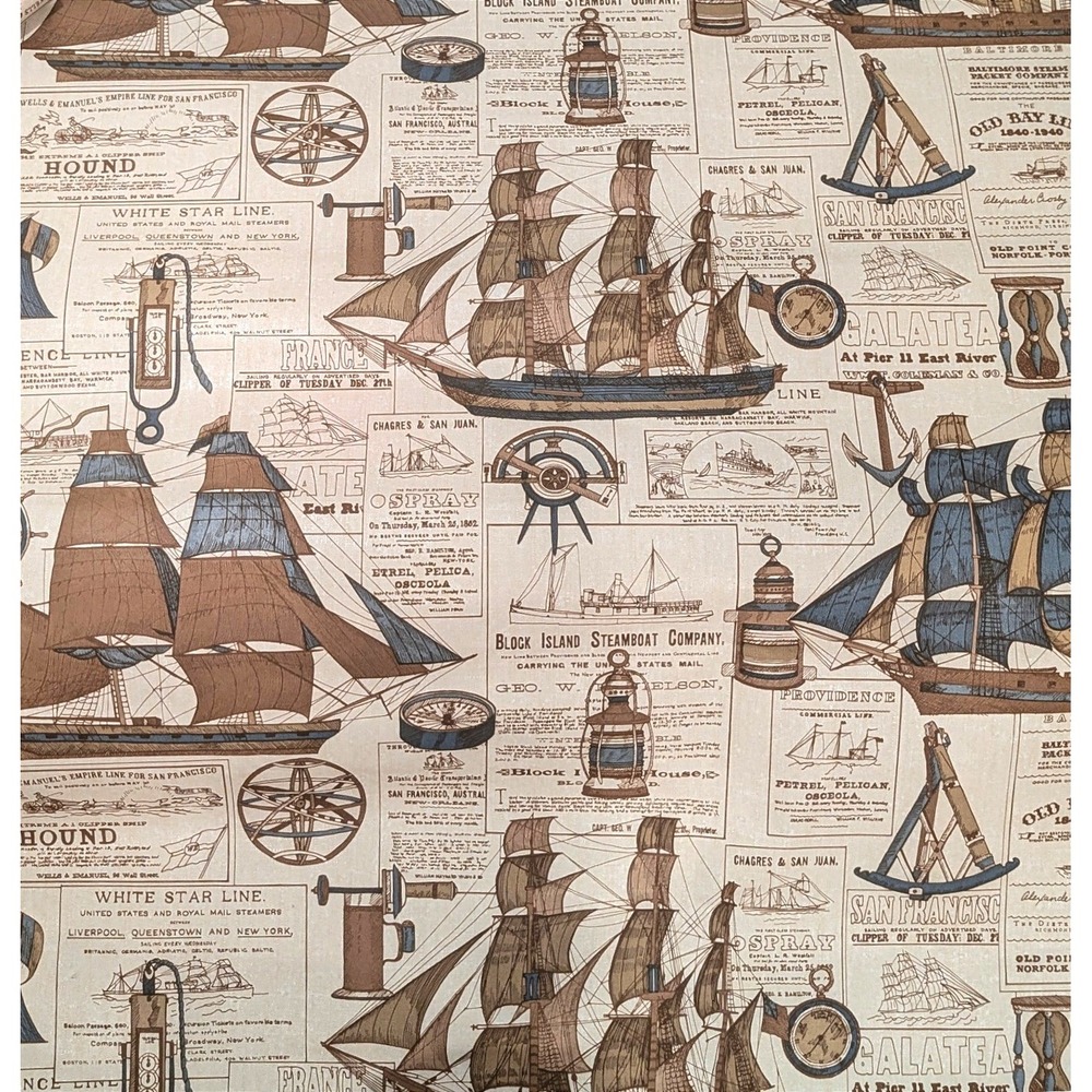 Vintage 70s Nautical Ship Map Wallpaper Maritime Naval Pattern deadstock Art